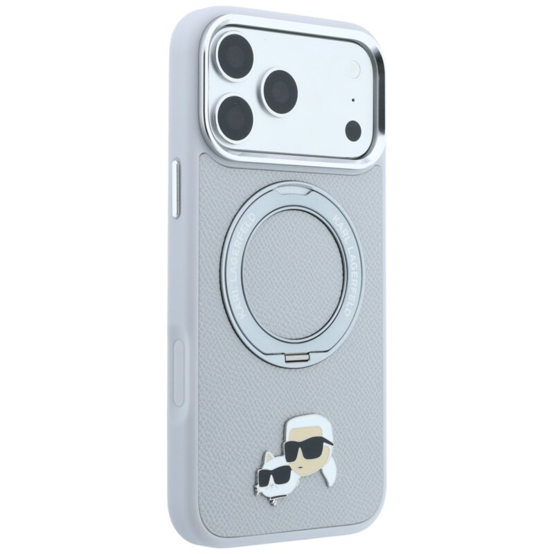 Husa iPhone 18 Pro Karl Lagerfeld Leather Ring Stand 360 KC Pin MagSafe, gri, KLHMP18LPSRSKCHG