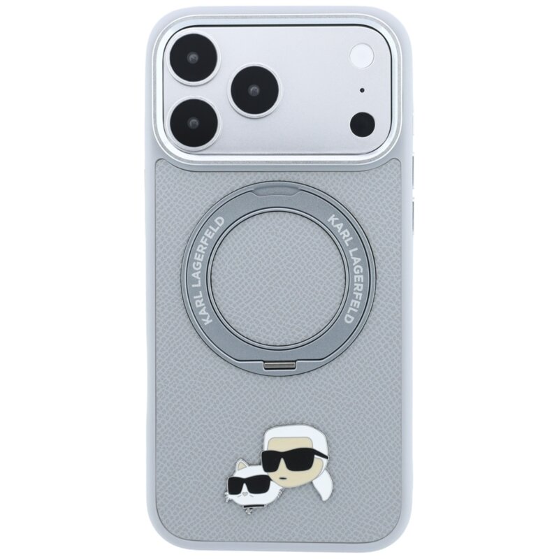 Husa iPhone 17 Pro Karl Lagerfeld Leather Ring Stand 360 KC Pin MagSafe, gri, KLHMP18LPSRSKCHG