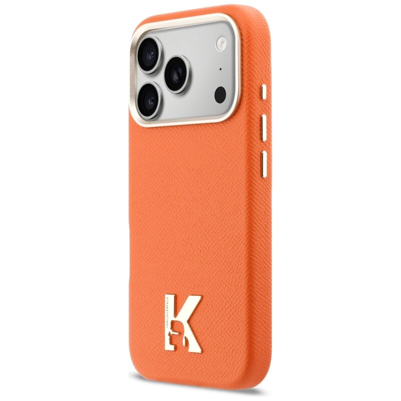 Husa iPhone 17 Pro Karl Lagerfeld Leather with K Head Logo MagSafe, oranj, KLHMP18L5PGFKHGO