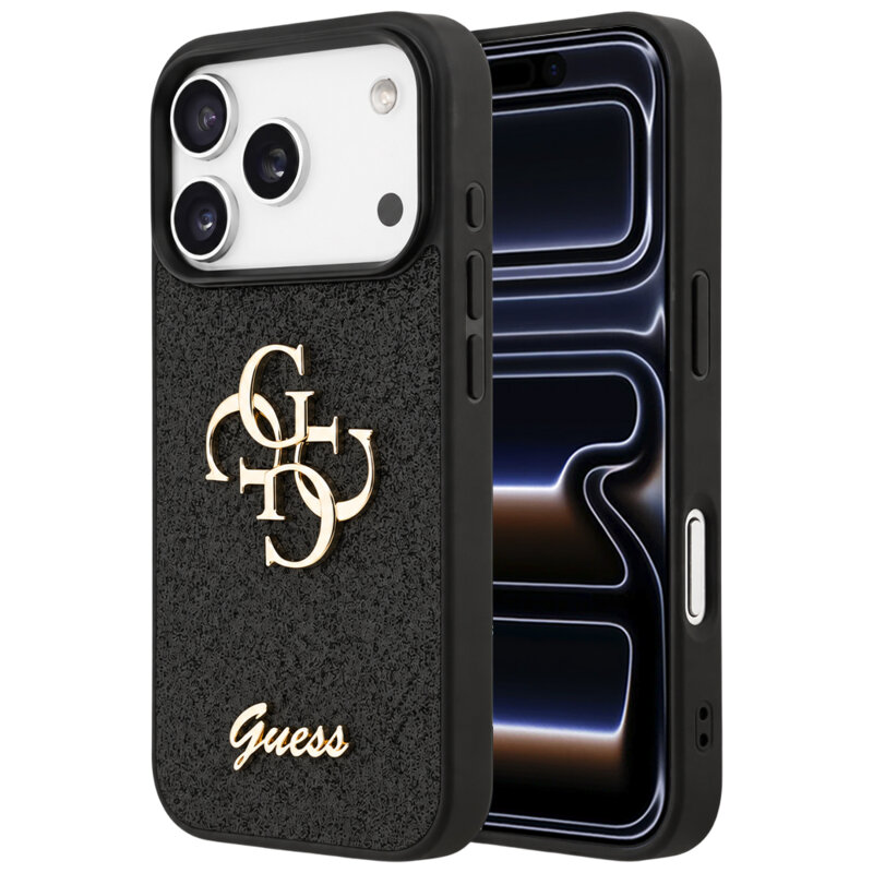 Husa Guess Fixed Glitter Big 4G iPhone 17 Pro cu sclipici, negru, GUHCP18LHG4SGK