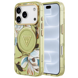 Husa iPhone 18 Pro originala Guess IML Glitter Flowers Triangle MagSafe, verde, GUHMP18LHFLPEDN
