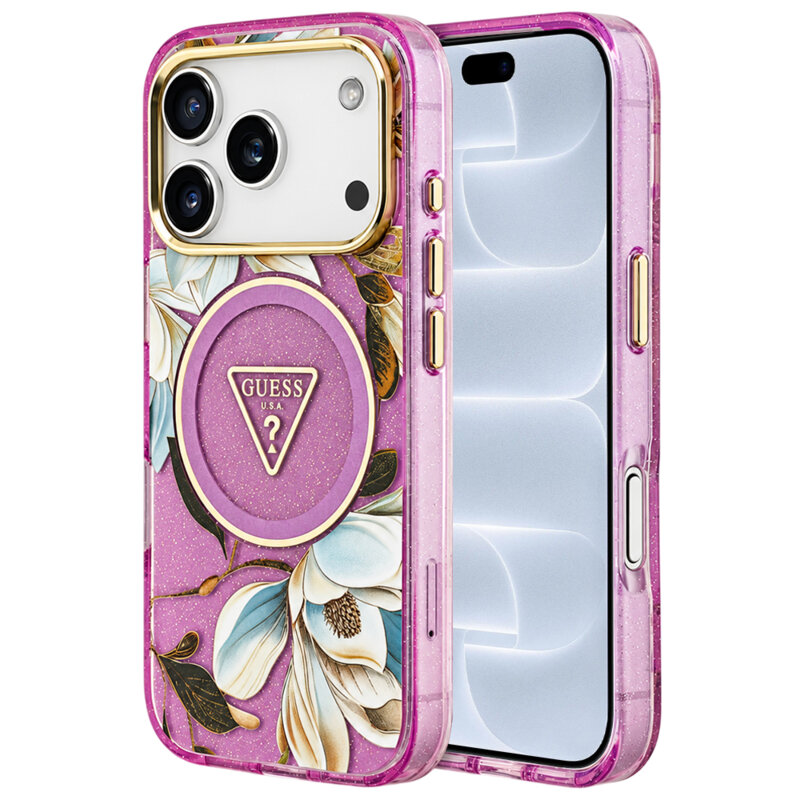 Husa iPhone 18 Pro originala Guess IML Metal Glitter Flowers Triangle MagSafe, mov, GUHMP18LHFLPEDU