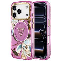 Husa iPhone 17 Pro originala Guess IML Metal Glitter Flowers Triangle MagSafe, mov, GUHMP18LHFLPEDU
