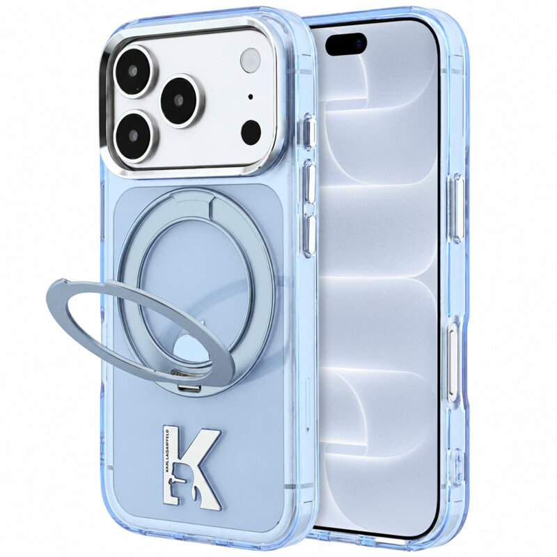 Husa iPhone 18 Pro Karl Lagerfeld IML Ring Stand Kameo Metal MagSafe, bleu