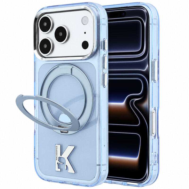 Husa iPhone 17 Pro Karl Lagerfeld IML Ring Stand Kameo Metal MagSafe, bleu