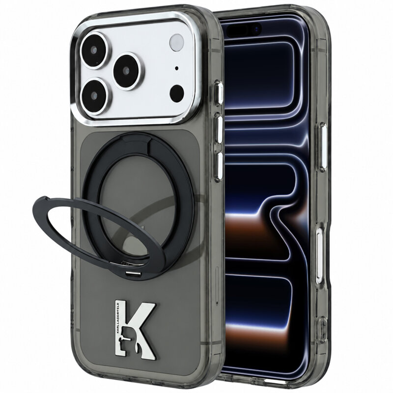 Husa iPhone 17 Pro Karl LagerfeldIML Ring Stand Kameo Metal MagSafe, negru