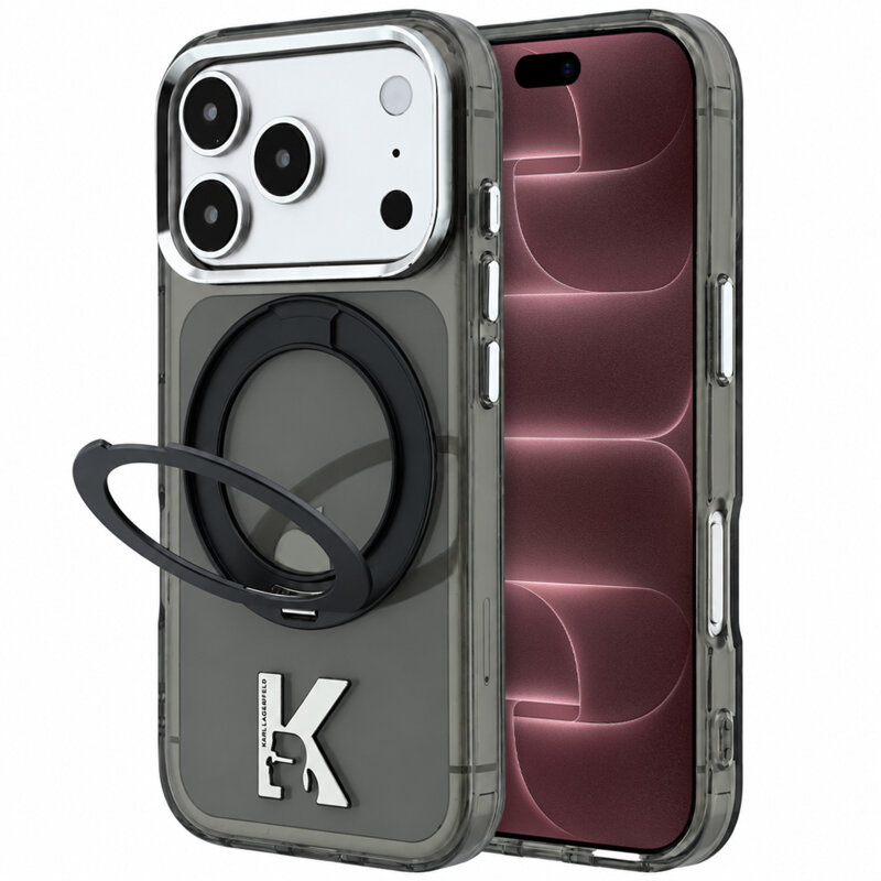 Husa iPhone 18 Pro Max Karl Lagerfeld IML Ring Stand Kameo Metal MagSafe, negru