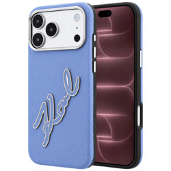 Husa iPhone 18 Pro Max Karl Lagerfeld Smooth Leather Big Resin Signature Logo, bleu, KLHCP18X6PFCKSRB