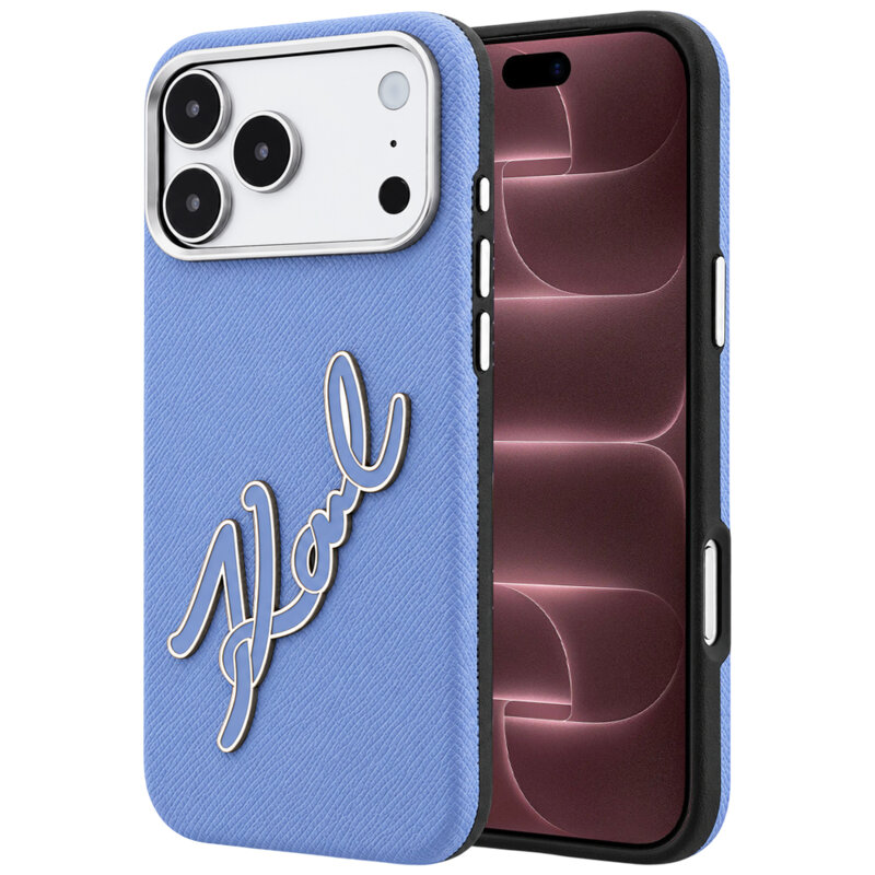 Husa iPhone 18 Pro Max Karl Lagerfeld Smooth Leather Big Resin Signature Logo, bleu, KLHCP18X6PFCKSRB