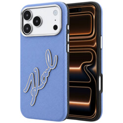 Husa iPhone 17 Pro Max Karl Lagerfeld Smooth Leather Big Resin Signature Logo, bleu, KLHCP18X6PFCKSRB