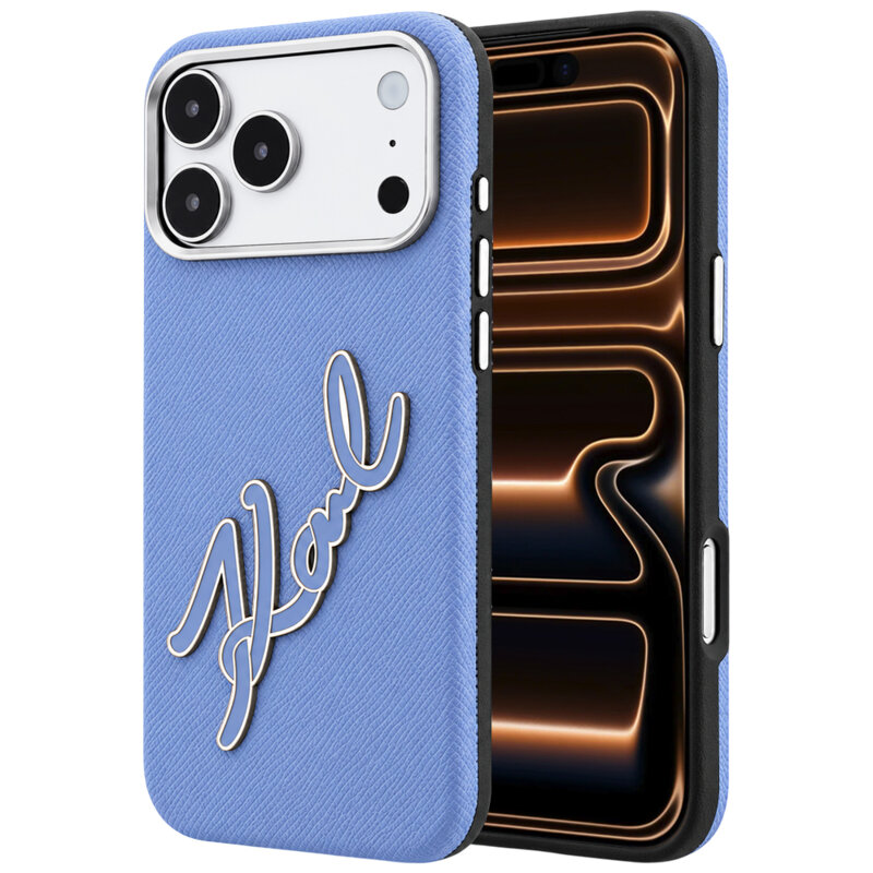 Husa iPhone 17 Pro Max Karl Lagerfeld Smooth Leather Big Resin Signature Logo, bleu, KLHCP18X6PFCKSRB