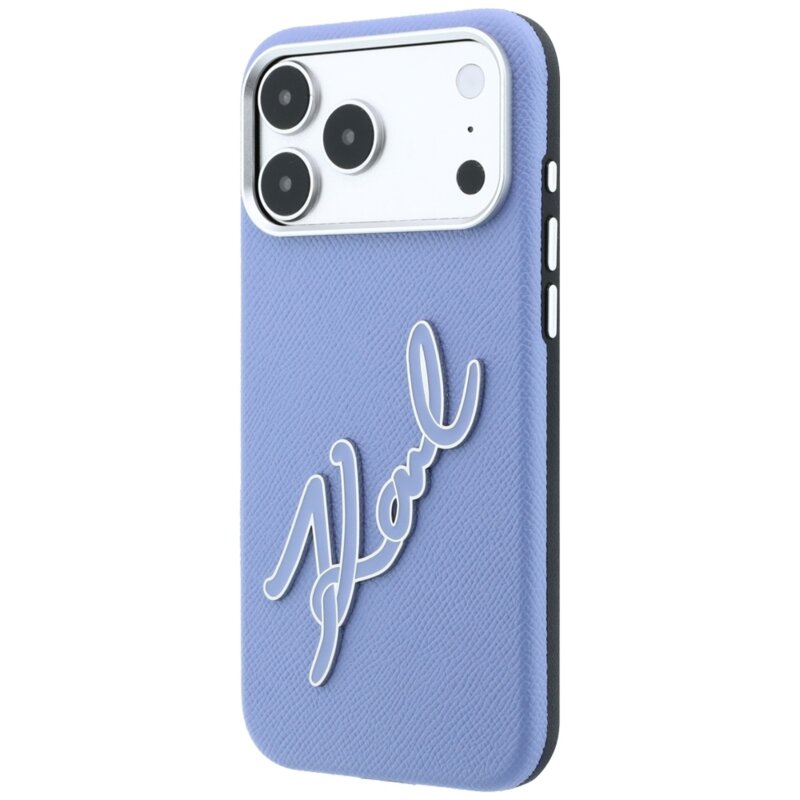 Husa iPhone 17 Pro Max Karl Lagerfeld Smooth Leather Big Resin Signature Logo, bleu, KLHCP18X6PFCKSRB