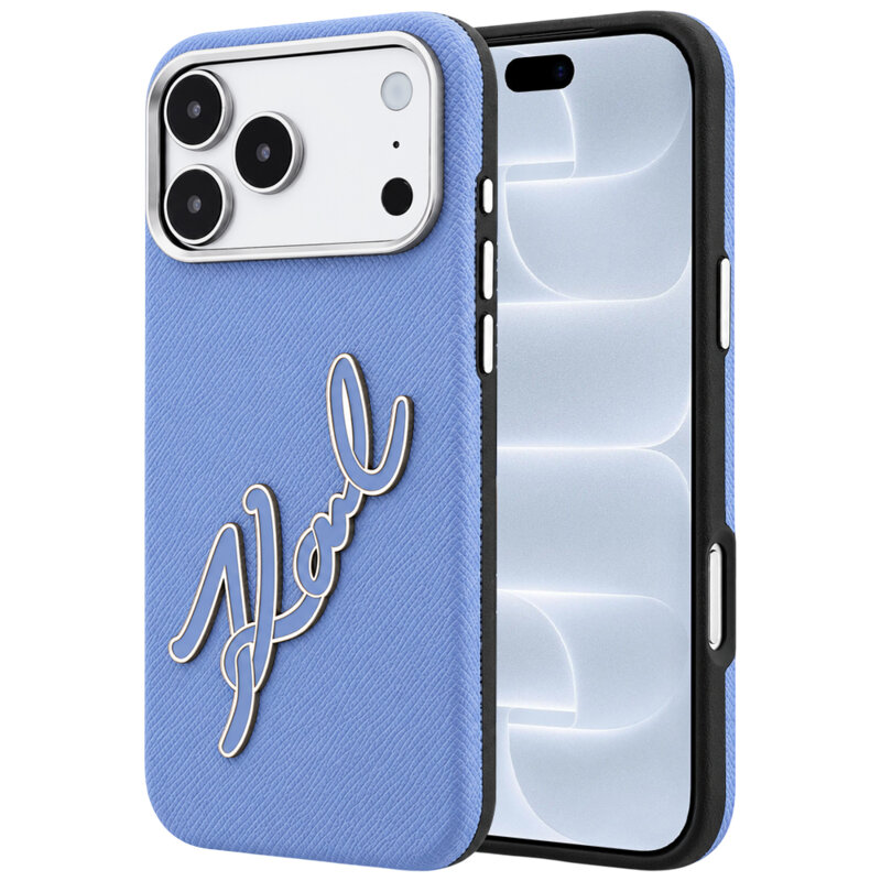 Husa iPhone 18 Pro Karl Lagerfeld Smooth Leather Big Resin Signature Logo, bleu, KLHCP18L6PFCKSRB