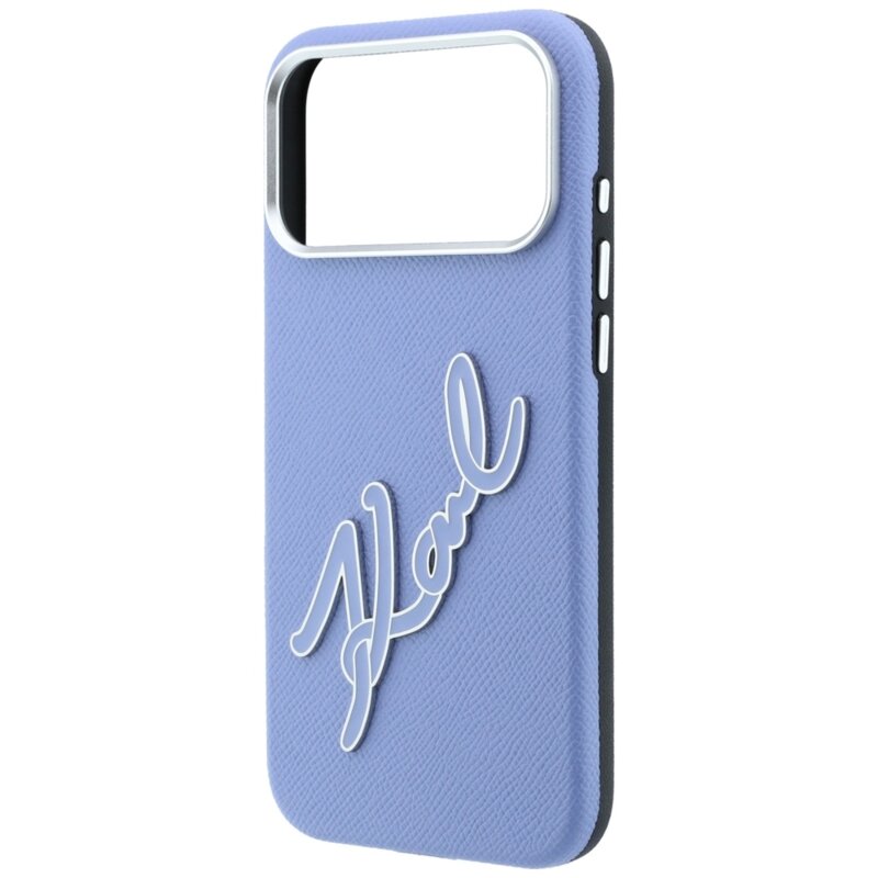 Husa iPhone 17 Pro Karl Lagerfeld Smooth Leather Big Resin Signature Logo, bleu, KLHCP18L6PFCKSRB