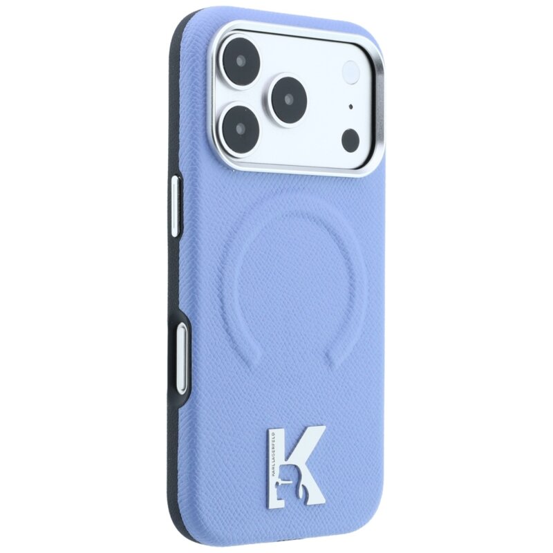 Husa iPhone 17 Pro Karl Lagerfeld Grained Leather Embossed Ring MagSafe, bleu, KLHMP18L6PWBKECB
