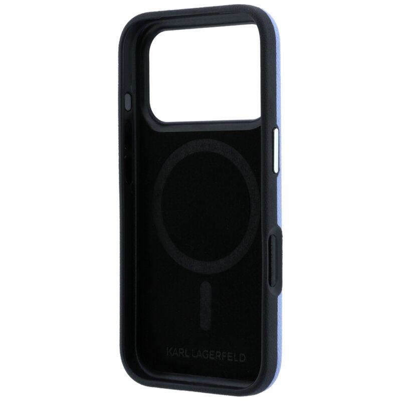 Husa iPhone 17 Pro Karl Lagerfeld Grained Leather Embossed Ring MagSafe, bleu, KLHMP18L6PWBKECB