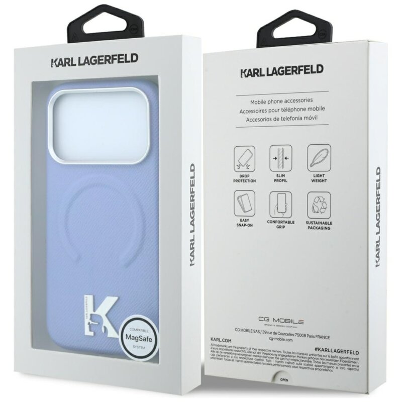 Husa iPhone 17 Pro Karl Lagerfeld Grained Leather Embossed Ring MagSafe, bleu, KLHMP18L6PWBKECB