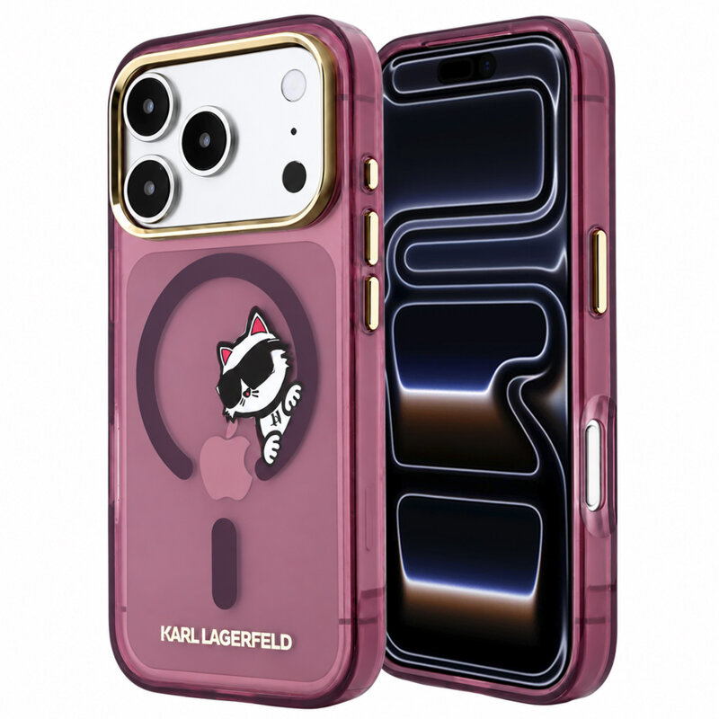Husa iPhone 17 Pro Max Karl Lagerfeld IML Peekaboo Print Metal Frame MagSafe, bordo, KLHMP18X6HCPSCR