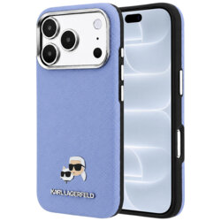 Husa iPhone 18 Pro Karl Lagerfeld Grained Leather KC Heads Metal MagSafe, bleu, KLHMP18L6PSKCHLB