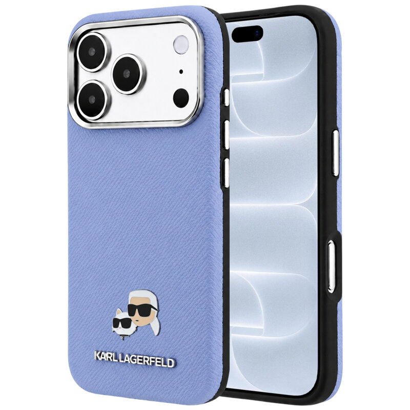 Husa iPhone 18 Pro Karl Lagerfeld Grained Leather KC Heads Metal MagSafe, bleu, KLHMP18L6PSKCHLB