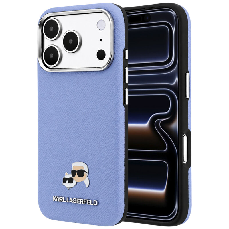 Husa iPhone 17 Pro Karl Lagerfeld Grained Leather KC Heads Metal MagSafe, bleu, KLHMP18L6PSKCHLB