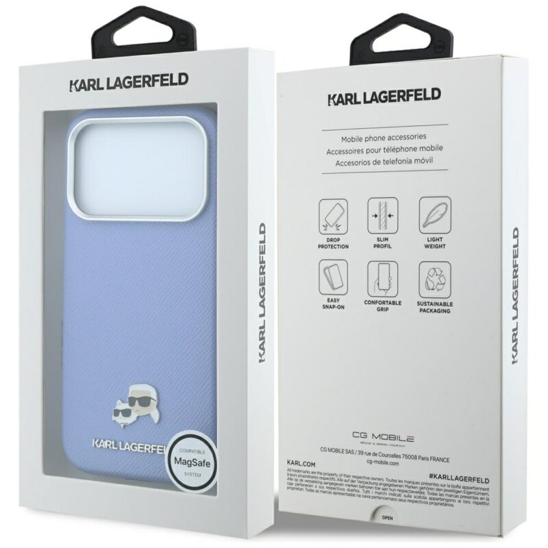 Husa iPhone 17 Pro Karl Lagerfeld Grained Leather KC Heads Metal MagSafe, bleu, KLHMP18L6PSKCHLB