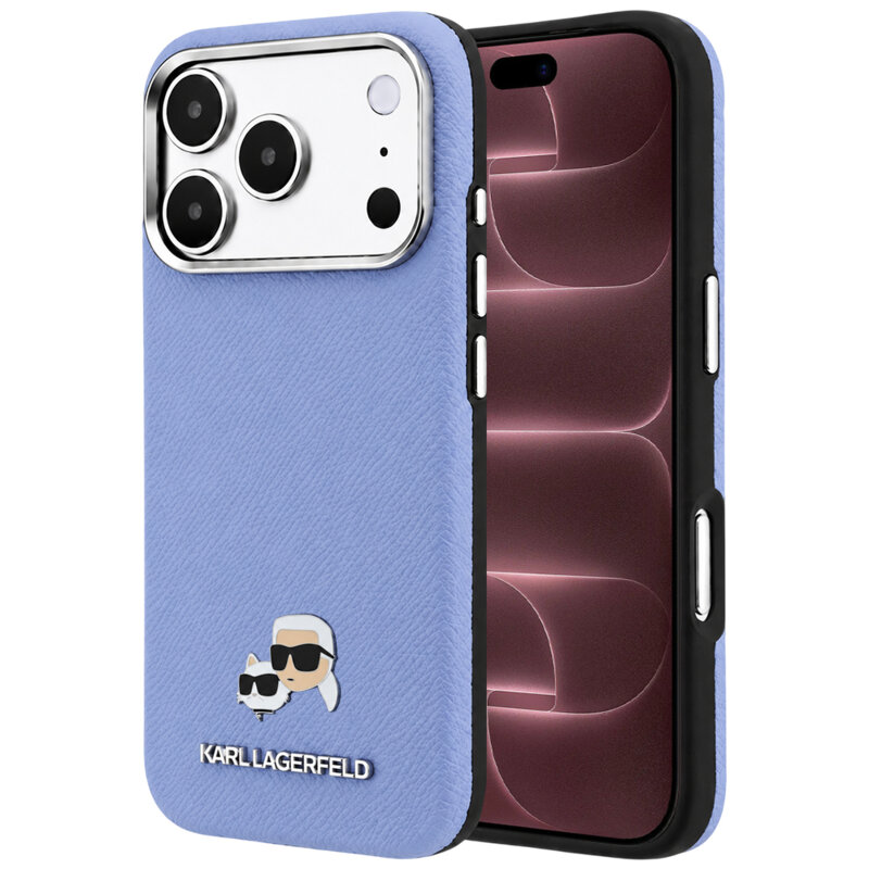 Husa iPhone 18 Pro Max Karl Lagerfeld Grained Leather KC Heads Metal MagSafe, bleu, KLHMP18X6PSKCHLB