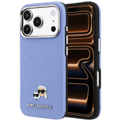 Husa iPhone 17 Pro Max Karl Lagerfeld Grained Leather KC Heads Metal MagSafe, bleu, KLHMP18X6PSKCHLB