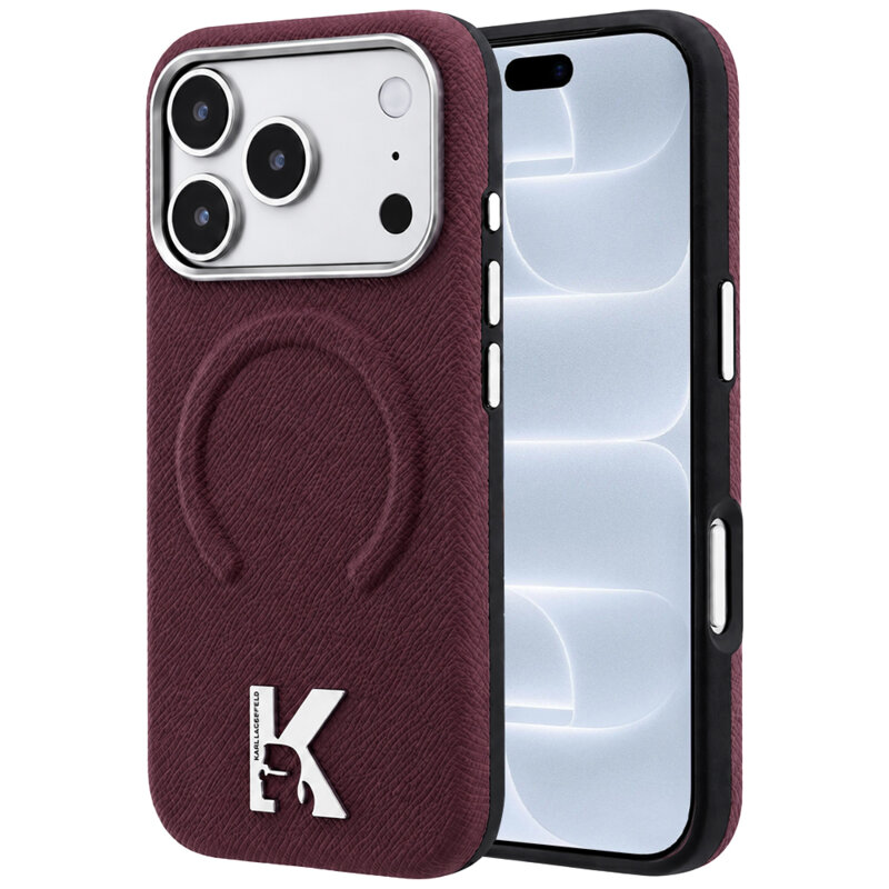 Husa iPhone 18 Pro Karl Lagerfeld Grained Leather Embossed Ring MagSafe, bordo, KLHMP18L6PWBKECR