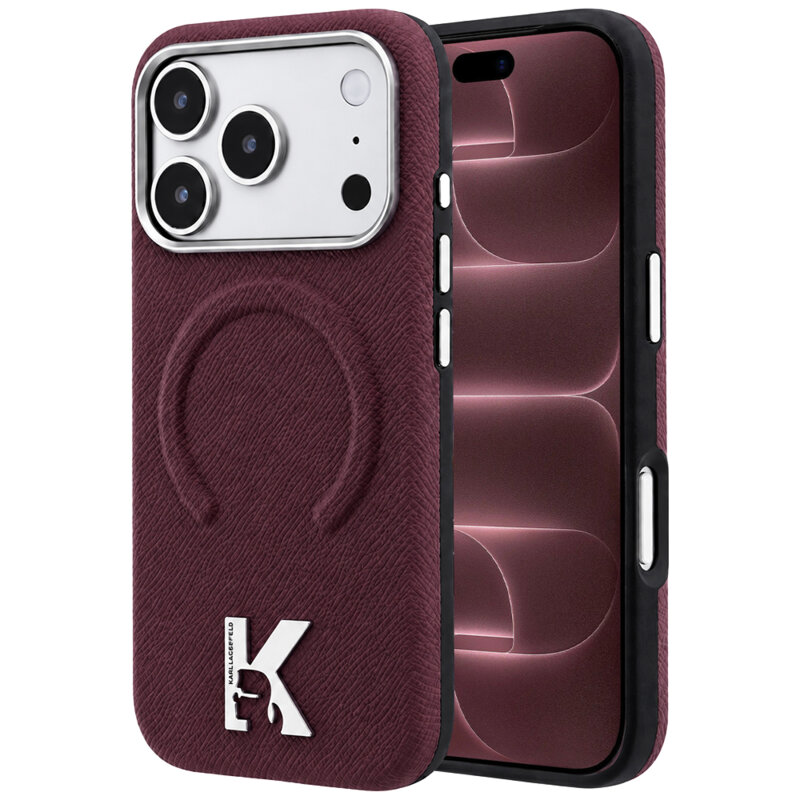 Husa iPhone 18 Pro Max Karl Lagerfeld Grained Leather Embossed Ring MagSafe, bordo, KLHMP18X6PWBKECR