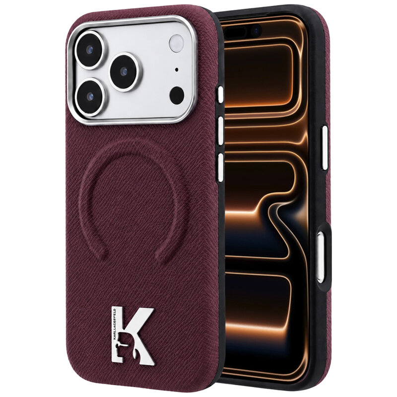 Husa iPhone 17 Pro Max Karl Lagerfeld Grained Leather Embossed Ring MagSafe, bordo, KLHMP18X6PWBKECR