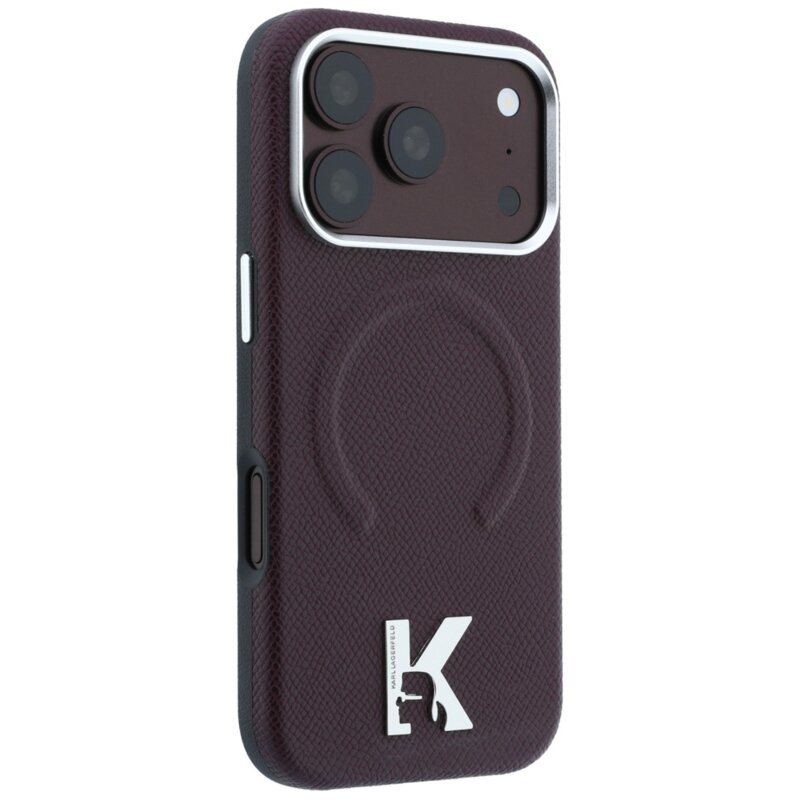 Husa iPhone 17 Pro Max Karl Lagerfeld Grained Leather Embossed Ring MagSafe, bordo, KLHMP18X6PWBKECR