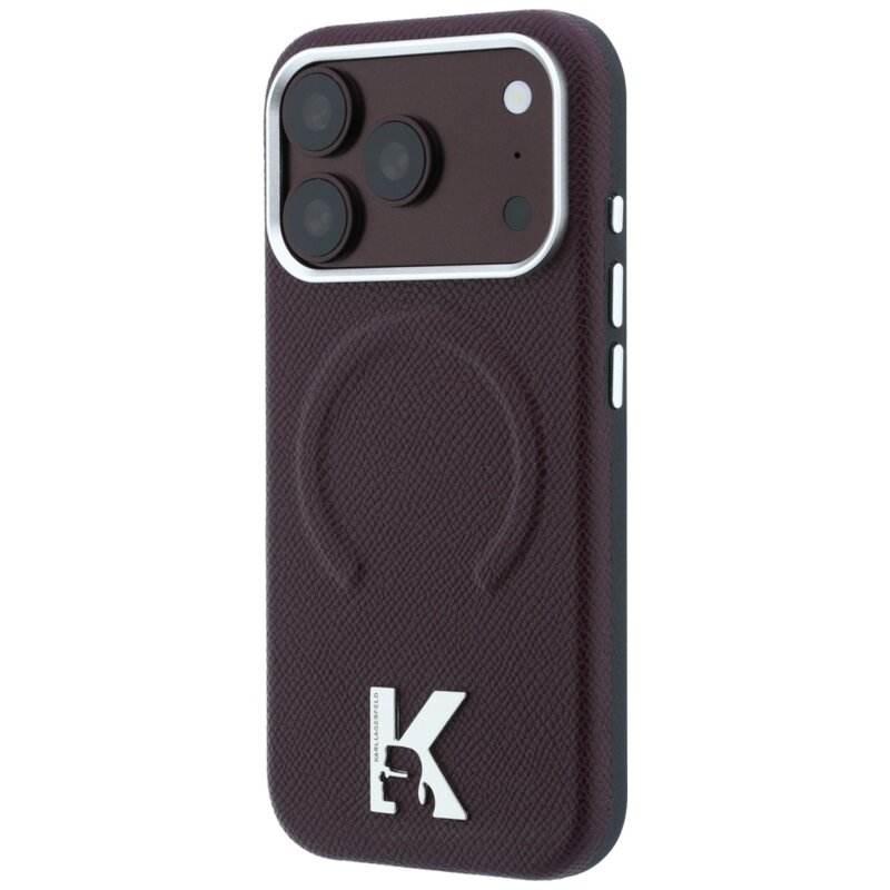Husa iPhone 17 Pro Max Karl Lagerfeld Grained Leather Embossed Ring MagSafe, bordo, KLHMP18X6PWBKECR