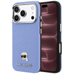 Husa iPhone 18 Pro Max Karl Lagerfeld Grained Leather KH Metal MagSafe, bleu, KLHMP18X6PSKHLB