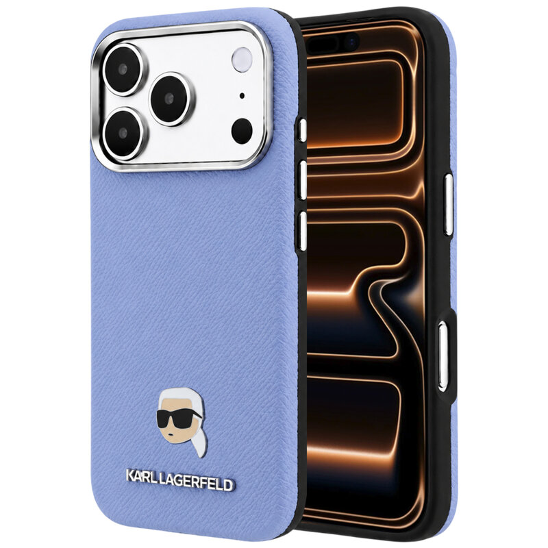 Husa iPhone 17 Pro Max Karl Lagerfeld Grained Leather KH Metal MagSafe, bleu, KLHMP18X6PSKHLB