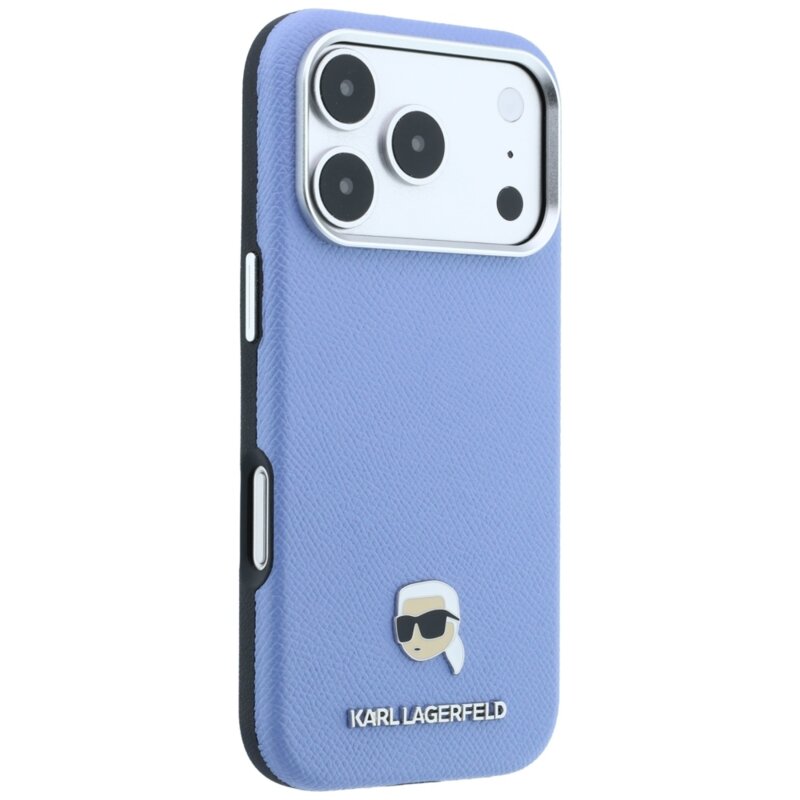 Husa iPhone 17 Pro Max Karl Lagerfeld Grained Leather KH Metal MagSafe, bleu, KLHMP18X6PSKHLB