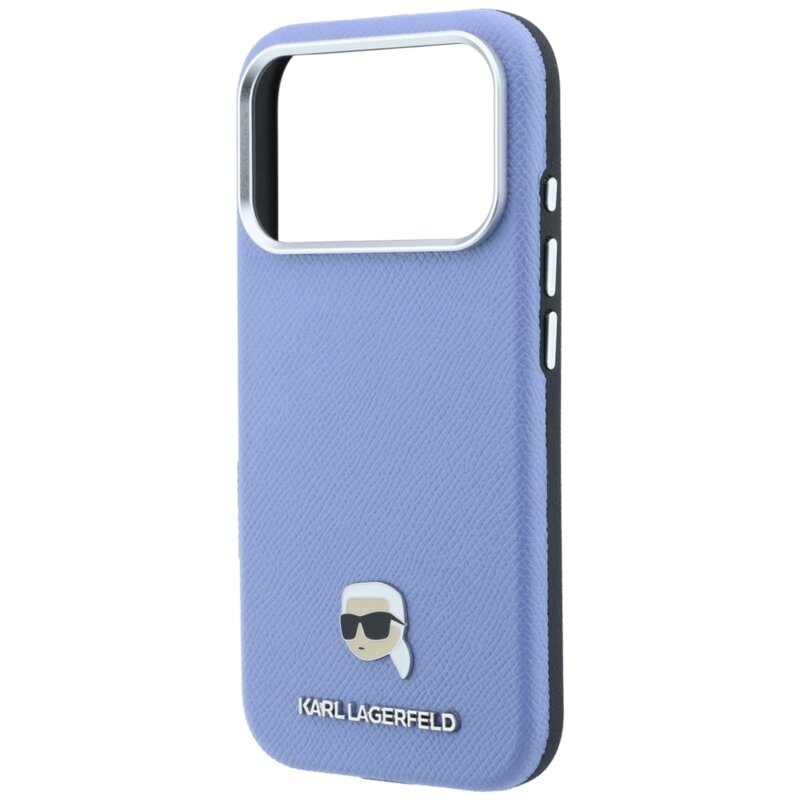 Husa iPhone 17 Pro Max Karl Lagerfeld Grained Leather KH Metal MagSafe, bleu, KLHMP18X6PSKHLB