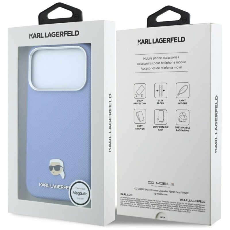 Husa iPhone 17 Pro Max Karl Lagerfeld Grained Leather KH Metal MagSafe, bleu, KLHMP18X6PSKHLB