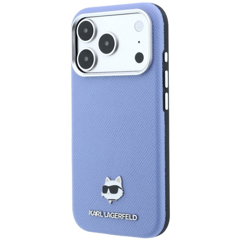 Husa iPhone 17 Pro Karl Lagerfeld Grained Leather Choupette Head MagSafe, bleu, KLHMP18L6PSCHLB