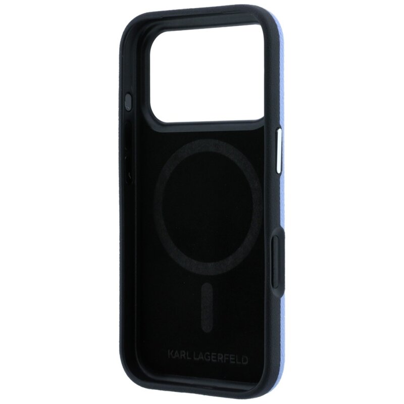 Husa iPhone 17 Pro Karl Lagerfeld Grained Leather Choupette Head MagSafe, bleu, KLHMP18L6PSCHLB