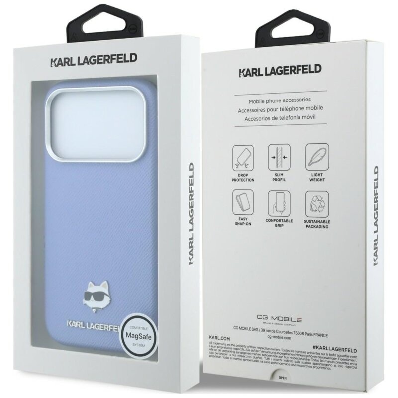 Husa iPhone 17 Pro Karl Lagerfeld Grained Leather Choupette Head MagSafe, bleu, KLHMP18L6PSCHLB