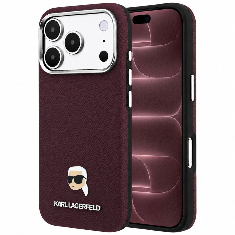 Husa iPhone 18 Pro Max Karl Lagerfeld Grained Leather KH Metal MagSafe, bordo, KLHMP18X6PSKHLR