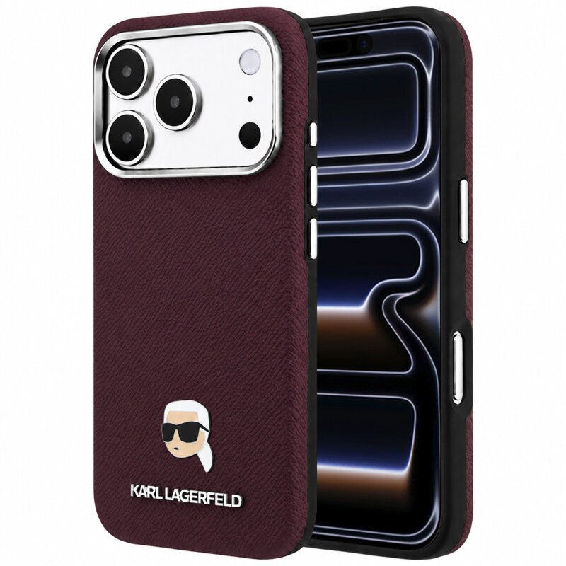 Husa iPhone 17 Pro Karl Lagerfeld Grained Leather KH Metal MagSafe, bordo, KLHMP18L6PSKHLR