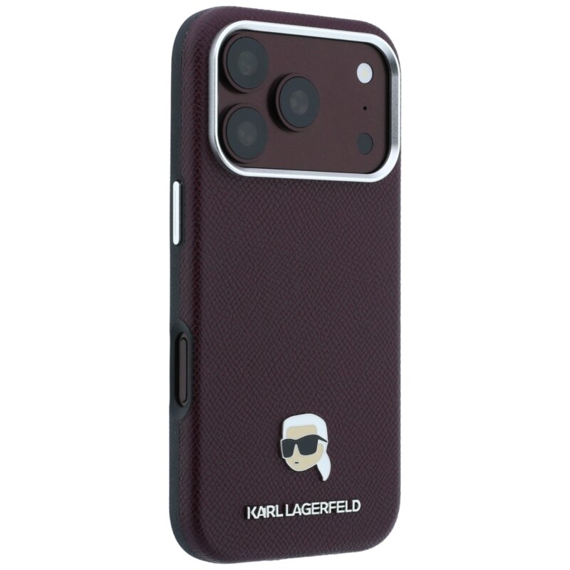 Husa iPhone 17 Pro Karl Lagerfeld Grained Leather KH Metal MagSafe, bordo, KLHMP18L6PSKHLR
