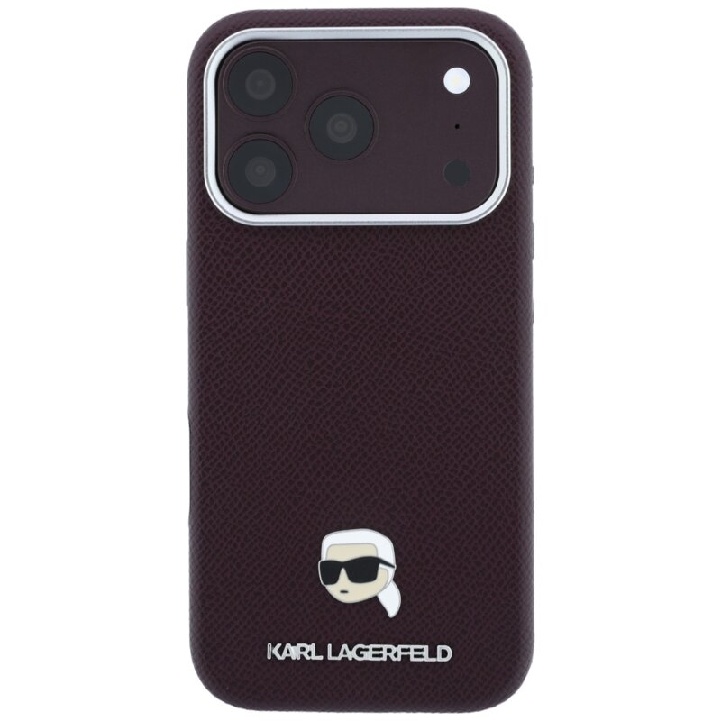 Husa iPhone 17 Pro Karl Lagerfeld Grained Leather KH Metal MagSafe, bordo, KLHMP18L6PSKHLR