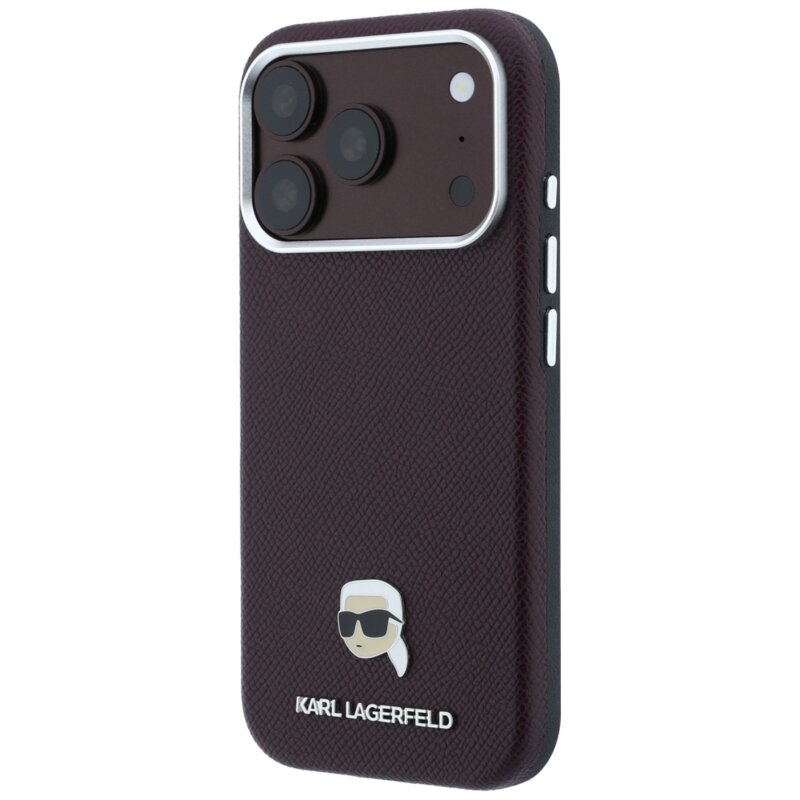 Husa iPhone 17 Pro Karl Lagerfeld Grained Leather KH Metal MagSafe, bordo, KLHMP18L6PSKHLR