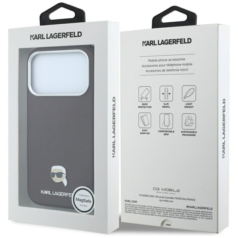 Husa iPhone 17 Pro Karl Lagerfeld Grained Leather KH Metal MagSafe, bordo, KLHMP18L6PSKHLR