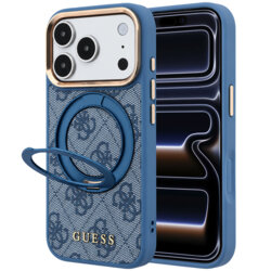 Husa Guess iPhone 17 Pro Ring Stand 360 4G Leather Classic Logo MagSafe, bleu, GUHMP18L6PS4RSCLB