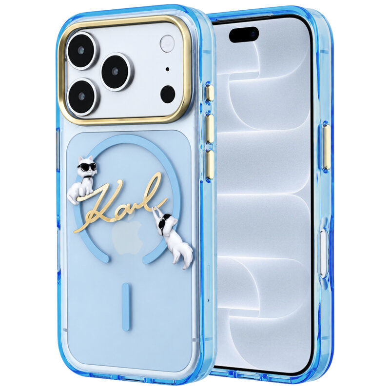Husa iPhone 18 Pro Karl Lagerfeld IML Karl Script Logo MagSafe, bleu, KLHMP18L5HKSCAL