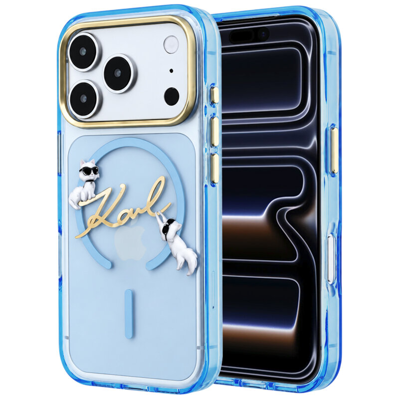 Husa iPhone 17 Pro Karl Lagerfeld IML Karl Script Logo MagSafe, bleu, KLHMP18L5HKSCAL